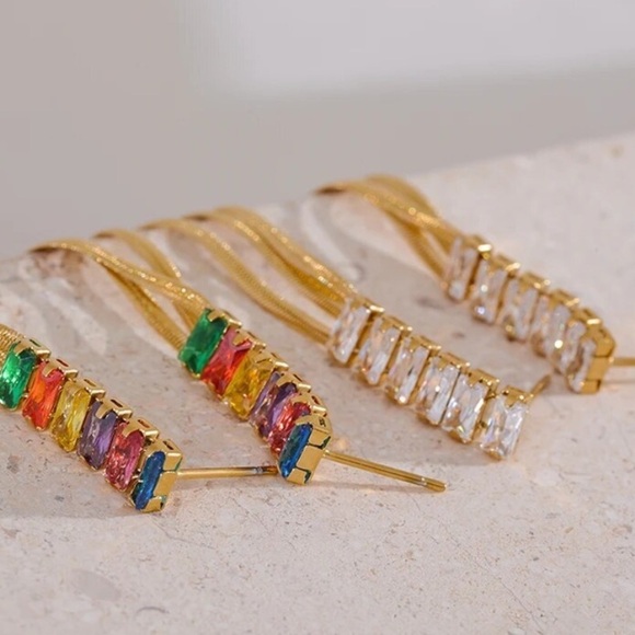 Cubic Zirconia Gold Plated Long Tassel Drop Dangle Hanging Earrings New - Picture 3 of 7